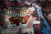 Detail of 'Ramakien' mural painting  - temple of the Emerald Buddha, Bangkok . Architectural elements in the panels are adapted from the real palaces and temples of the capital. 